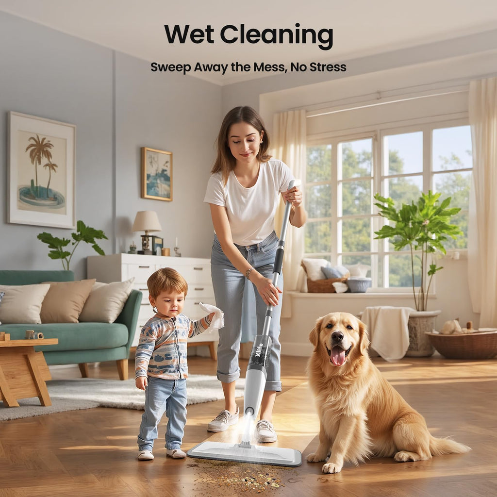 Spray Mops for Floor Cleaning, Xlife Microfiber Dust Mop with 3 Washable Pads Mop with Sprayer Wood Mops Commercial Home Use for Wood Hardwood Laminate Ceramic Tiles Floor-Gray (No Cleaner)