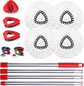 Mop Heads Replacements Complete Combo for O-Ceda,4Pcs White Machine Washable Microfiber Spin Mop Refills Replace Heads,2 Scrub Brushs,1 Base,1 Set Handle,Spin Mop Replacements for Tub and Tile