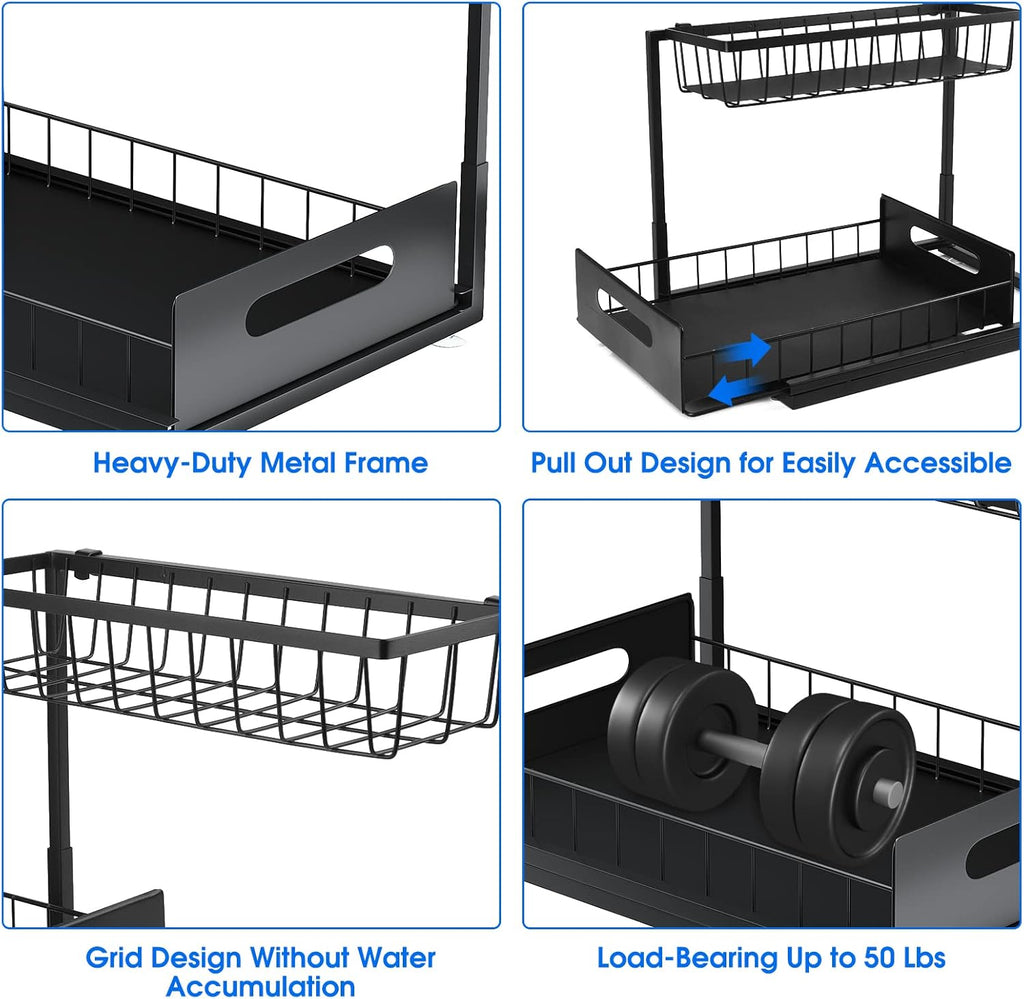 2 Pack Under Sink Organizer, 2 Tier Under Sink Organizers and Storage Multi-Purpose Under Sink Storage for Bathroom Kitchen (Black)