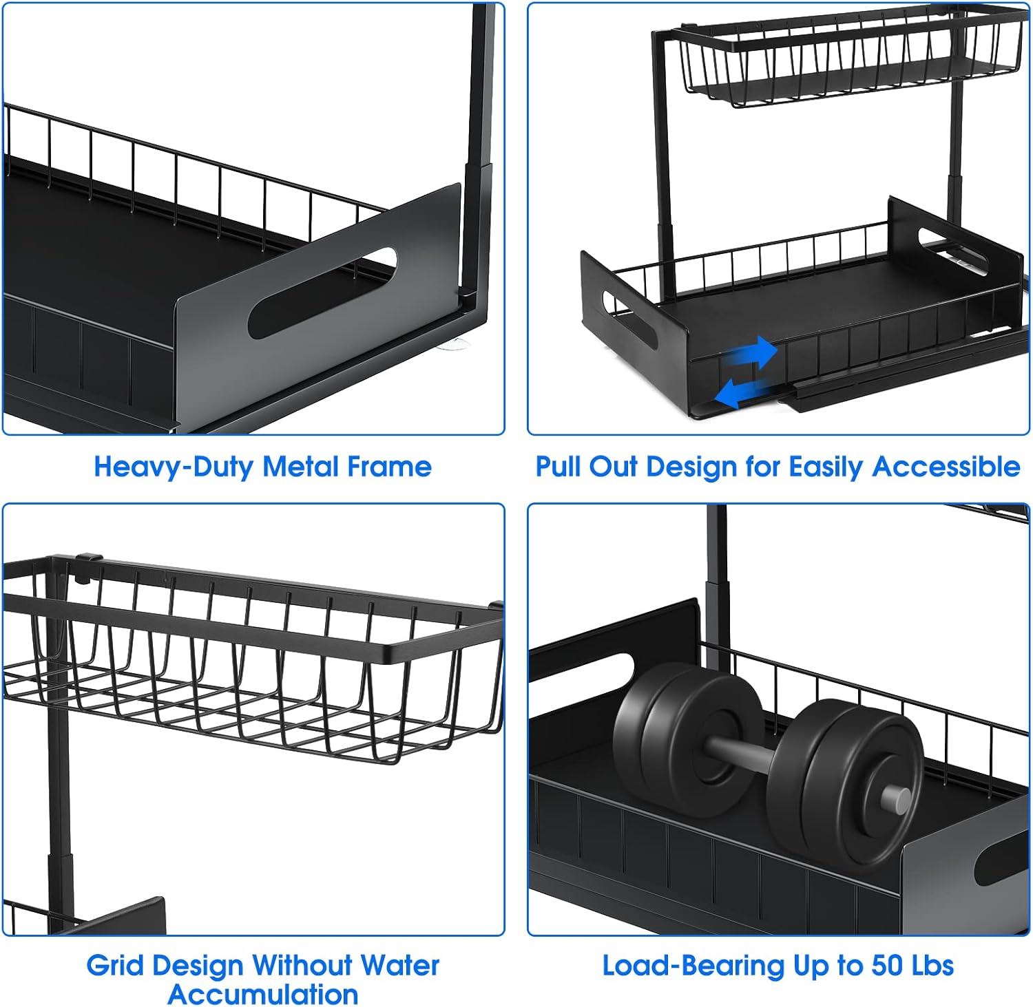2 Pack Under Sink Organizer, 2 Tier Under Sink Organizers and Storage Multi-Purpose Under Sink Storage for Bathroom Kitchen (Black)