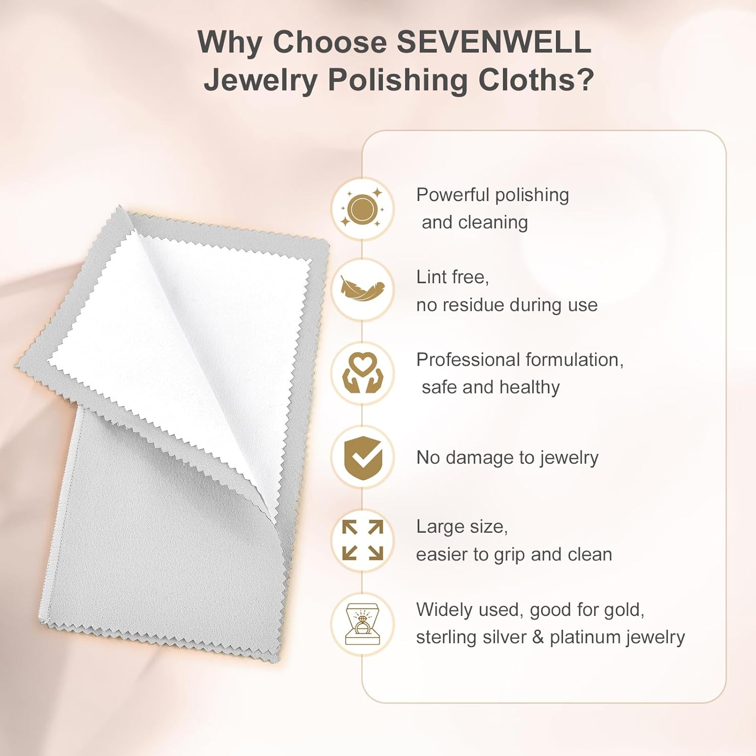 SEVENWELL Silver Polishing Cloth, Jewelry Cleaner Cloth for Sterling Silver Jewelry, Gold, Platinum, Silverware, Diamonds, Gemstones, Coins (20cm Light Grey Silver Cloth)