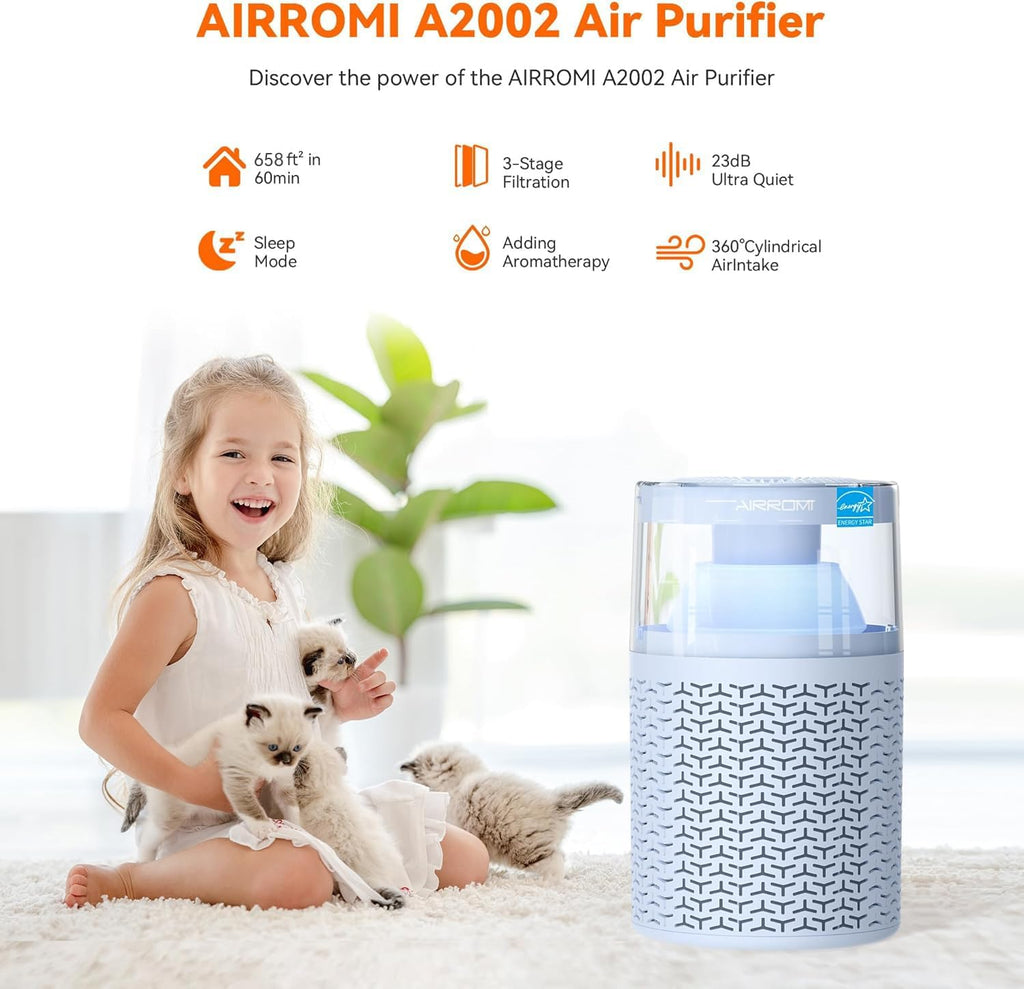 AIRROMI Air Purifiers for Bedroom Home,Up to 658 Ft²,Activated Carbon Filter Cleaner,With Fragrance Sponge for Better Sleep,Night Light,Pet Dander,Allergies,Smoke,Odor,Desktop Air Cleaner A2002 Blue