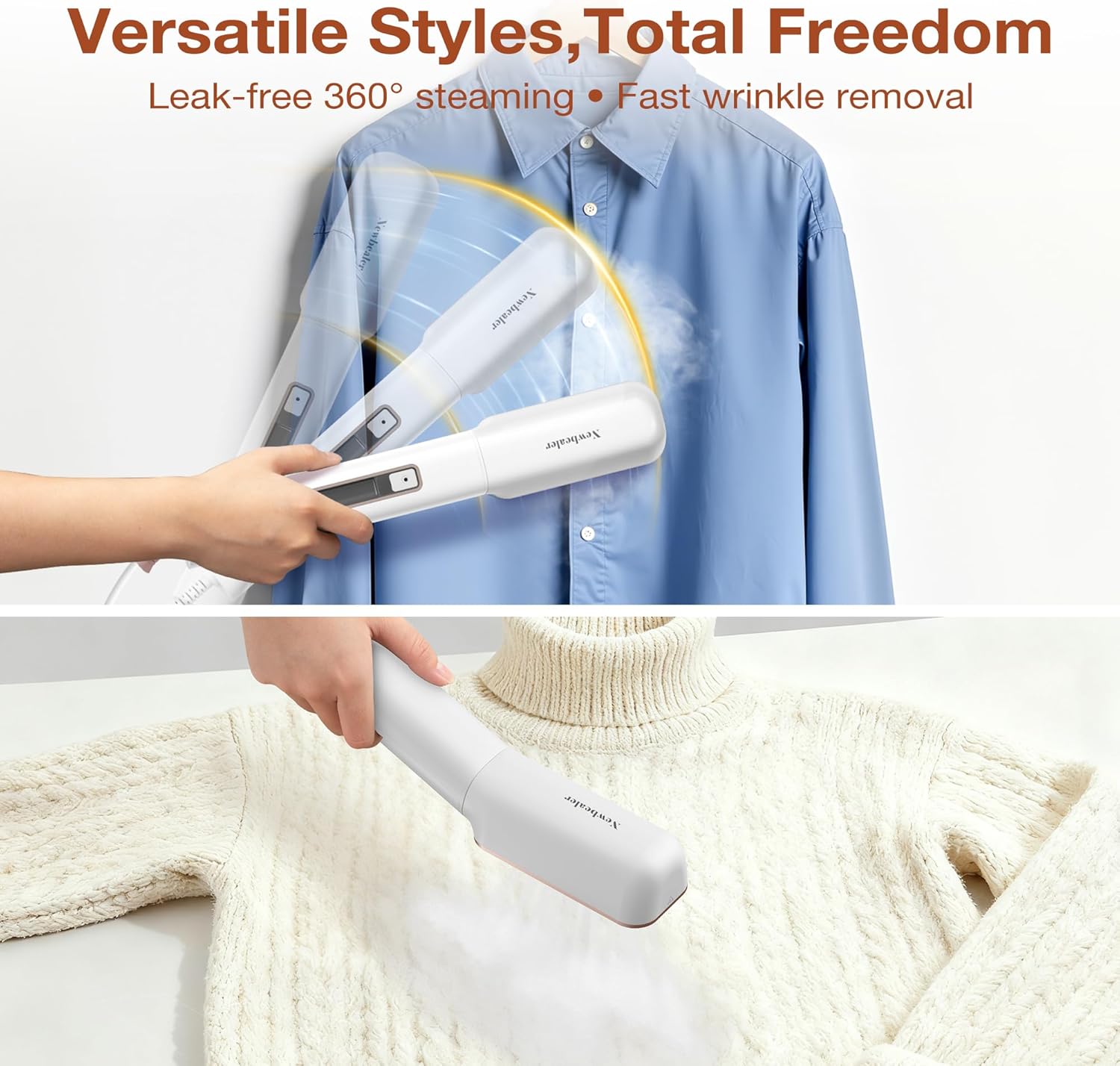 Newbealer 2in1 Travel Iron with Global Voltage, 100-240V Clothes Steamer, Dry Ironing & 2 Steam Levels, Non-Stick Ceramic Soleplate, Fabric Wrinkle Remover, Auto-off, Self Cleaning, No Clamp (Gold)