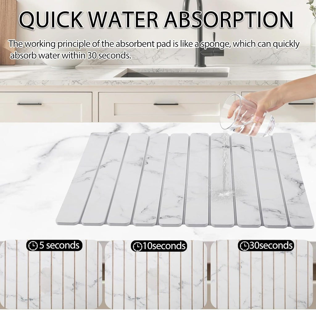 Stone Drying Mat for Kitchen Counter 24"×16" ,Large Dish Drying Mat with Drainage Grooves, Non-Slip Silicone Drying Mat, Absorbent Counter Protector for Dishes, Utensils