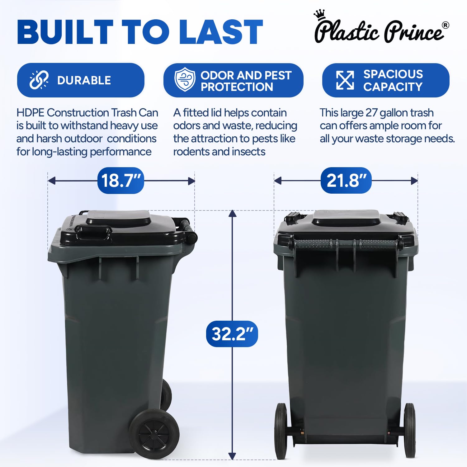 27 Gallon Outdoor Trash Can with Lid and Wheels Small Outdoor Garbage Can with Wheels Outside Heavy-Duty Rolling Trash Bin for Home Office Commercial Use, Gray
