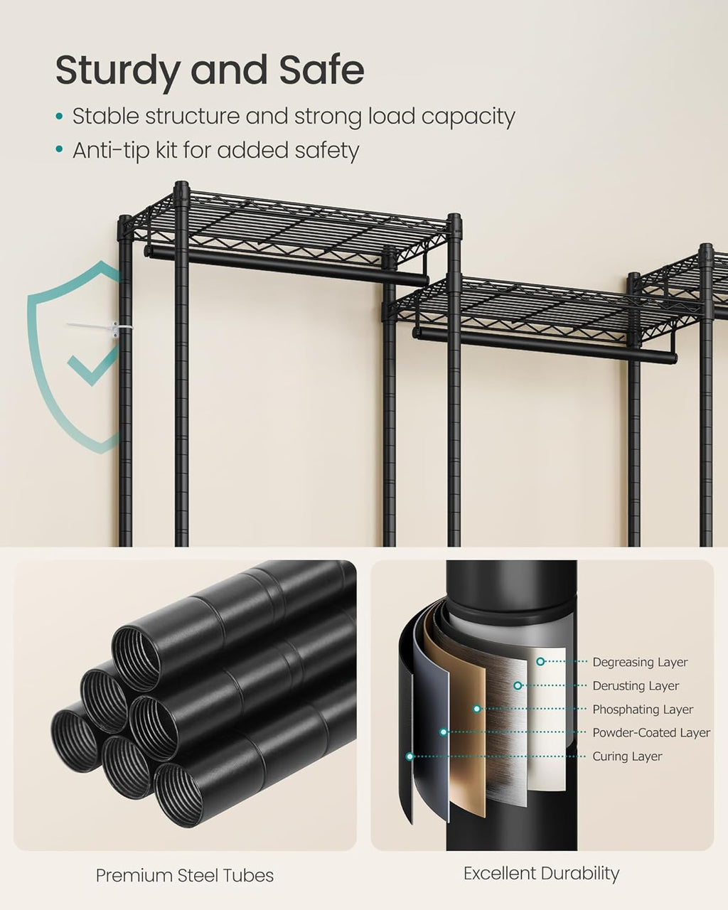 SONGMICS Heavy-Duty Clothes Rack, Garment Rack, Portable Closet, 56.9-Inch Wide Clothing Rack, with Adjustable Mesh Shelves and Hanging Rails, Ink Black ULGR432B01