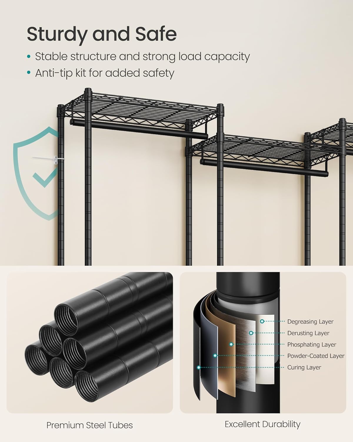 SONGMICS Heavy-Duty Clothes Rack, Garment Rack, Portable Closet, 56.9-Inch Wide Clothing Rack, with Adjustable Mesh Shelves and Hanging Rails, Ink Black ULGR432B01