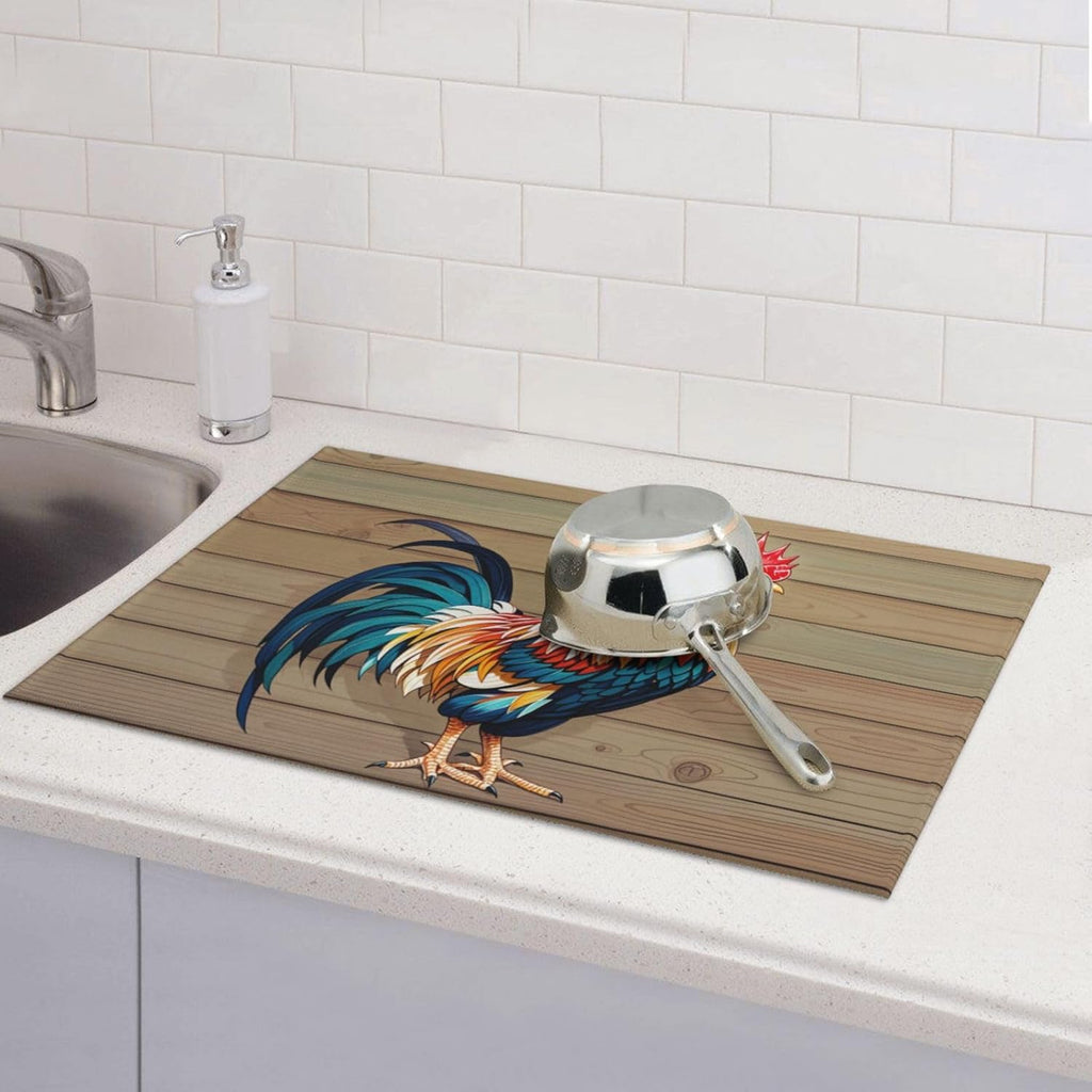 Rooster Dish Drying Mat Highly Absorbent Double-Sided Microfiber with Hanging Loop Reversible Drain Dish Rack Mat Drain Mat Suitable for Kitchen Countertop Coffee Bar 18 x 24 Inch