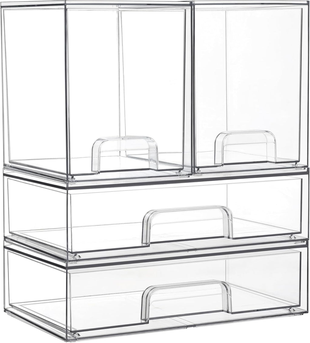 Vtopmart Clear Stackable Storage Drawers Set of 4, Plastic Organizer Bins for Makeup, Cosmetics, Beauty Supplies,Ideal for Vanity, Bathroom,Cabinet,Pantry Organization
