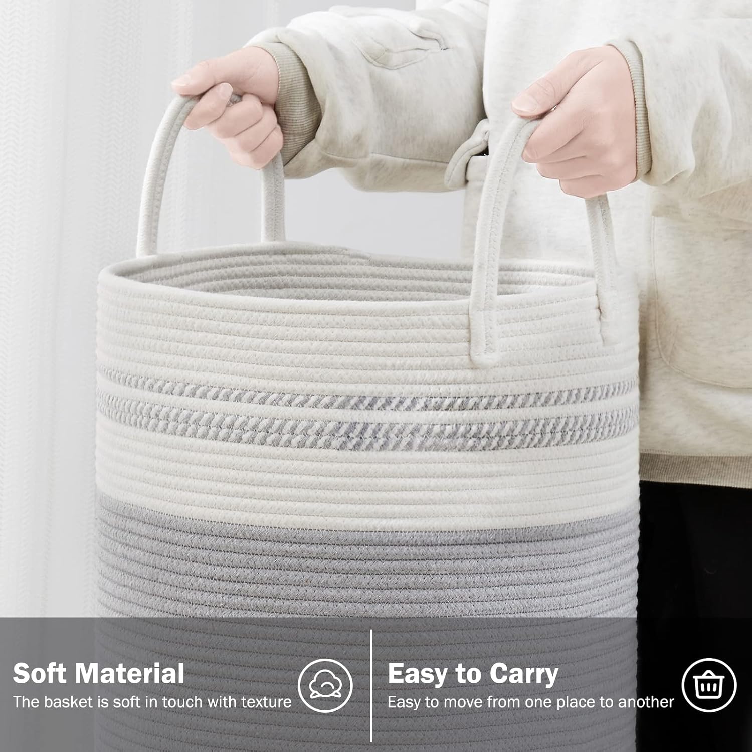 YOUDENOVA Woven Rope Laundry Hamper Basket, 58L Tall Luandry Basket, Baby Nursery Hamper for Blanket Storage, Clothes Hamper for Laundry in Bedroom-Grey