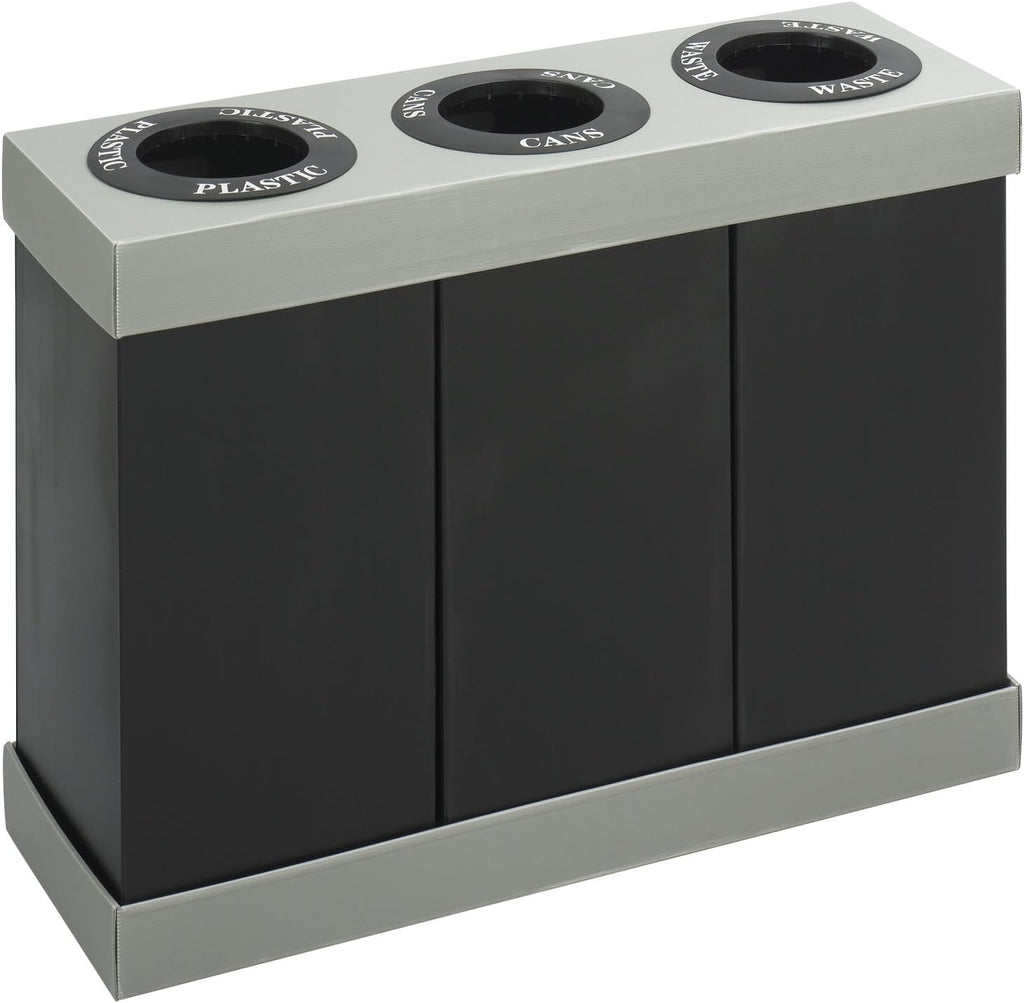 Safco Trash Can Recycle Bin Combo, 28 Gallon Each (3 Bin), At Your Disposal Recycling Center, Black/Grey