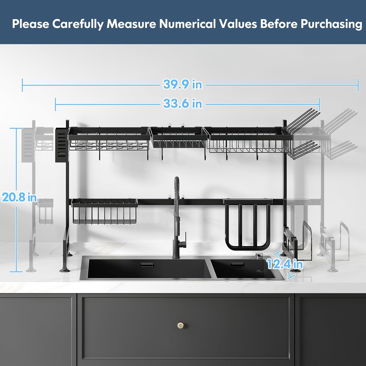 2 Tier Extra Large Stainless Steel Expandable Over The Sink Dish Drainer Drying Rack, Rust Proof Metal, Space Saving, Modern Black Big Capacity Extendable Plate Strainers Above Kitchen Counter