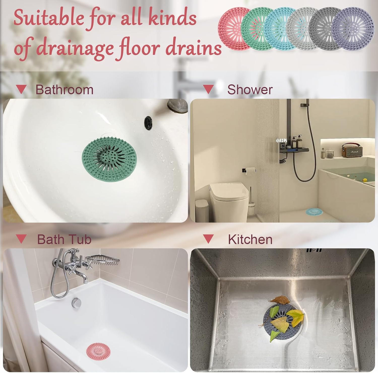 Bathroom Sink Drain Strainers, Hair Catcher Shower Drain Covers Protector - Flexible TPR Material, Multi-Color for Tub Shower Sink, 6 Pack