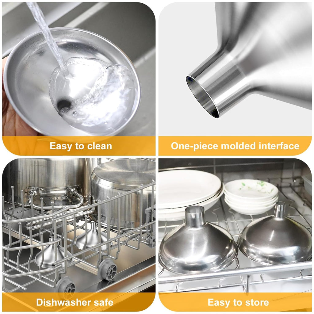 2 Pack Stainless Steel Kitchen Funnel Set for Filling Bottles - 2 Different Caliber Sizes, Seamless One-Piece Design for Transferring Oils Spices Powder Mixes (Easy to Clean)