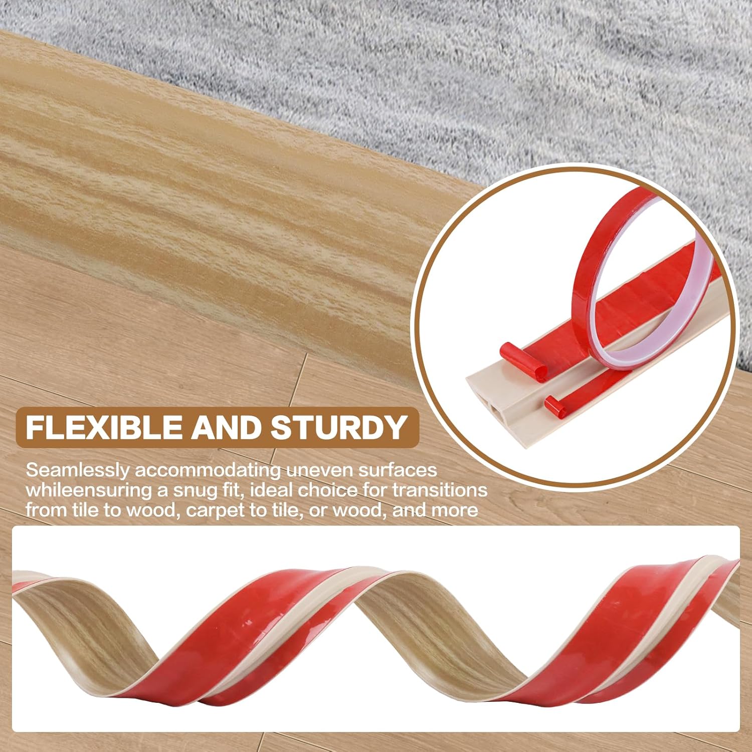 Floor Transition Strip Vinyl Door Threshold Ramp Self Adhesive Carpet Edging Strip Doorway Edge Trim, Overlap Edge Reducer for Laminate Carpet, Floor, Tile (Light Yellow Grain, 3/5" to 4/5", 3.3Ft)