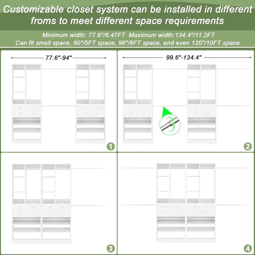 Closet System, Up to 134"/11.2 FT Closet Organizer with 4 Wooden Drawers and Shelves, Walk-in Closet System with 6 Hanging Rods, Built-in Closet Can Fit 96"/8FT, 120"/10FT, White