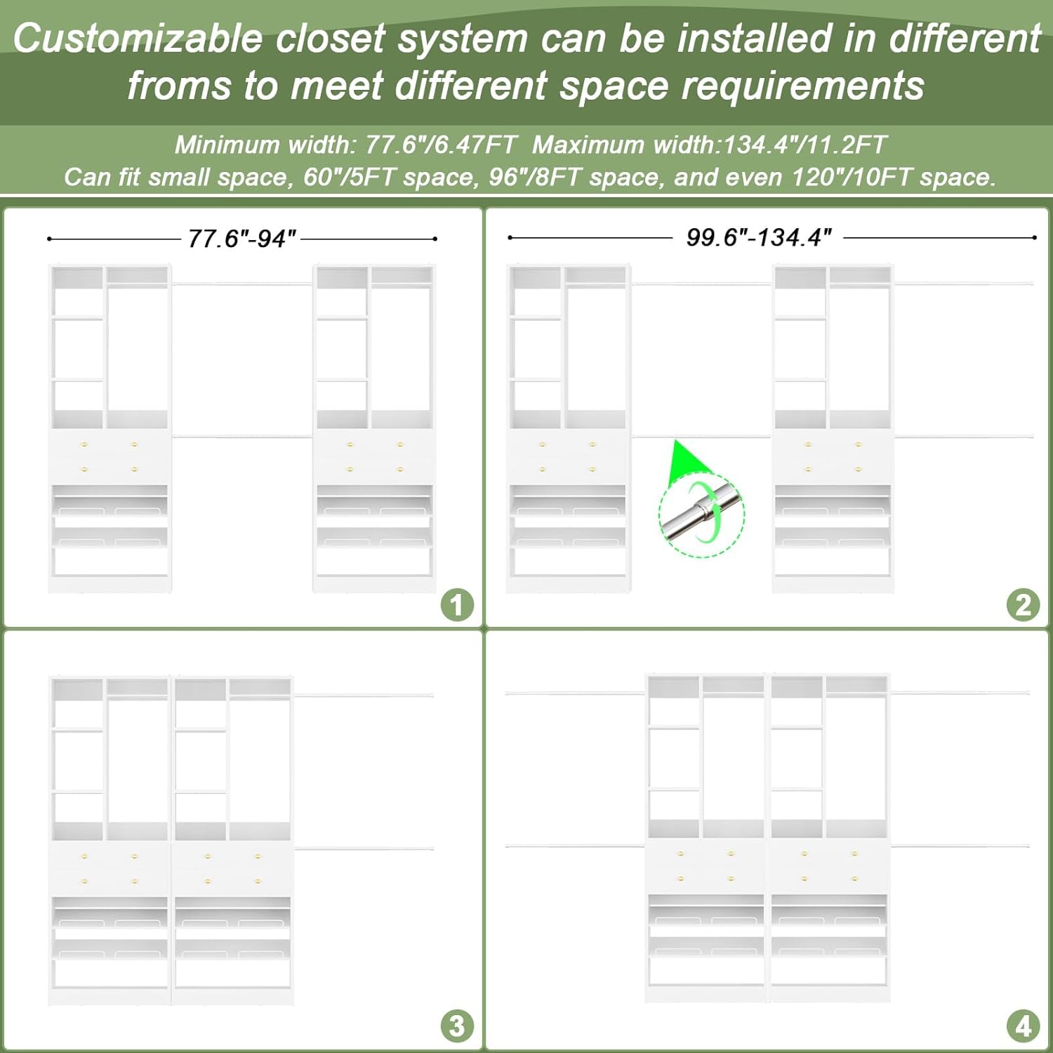 Closet System, Up to 134"/11.2 FT Closet Organizer with 4 Wooden Drawers and Shelves, Walk-in Closet System with 6 Hanging Rods, Built-in Closet Can Fit 96"/8FT, 120"/10FT, White