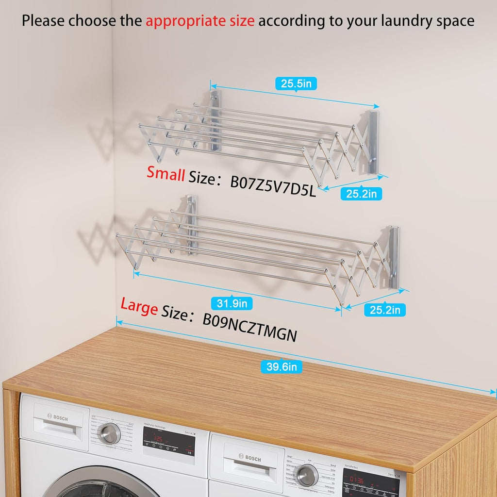 X-cosrack Wall Mounted Clothes Drying Rack, 31.9" Wide Large Rustproof Retractable Laundry Drying Rack, 8 Bar Space-Saving Aluminium Alloys Clothing Hanger Drying Racks forLaundry (Silver)