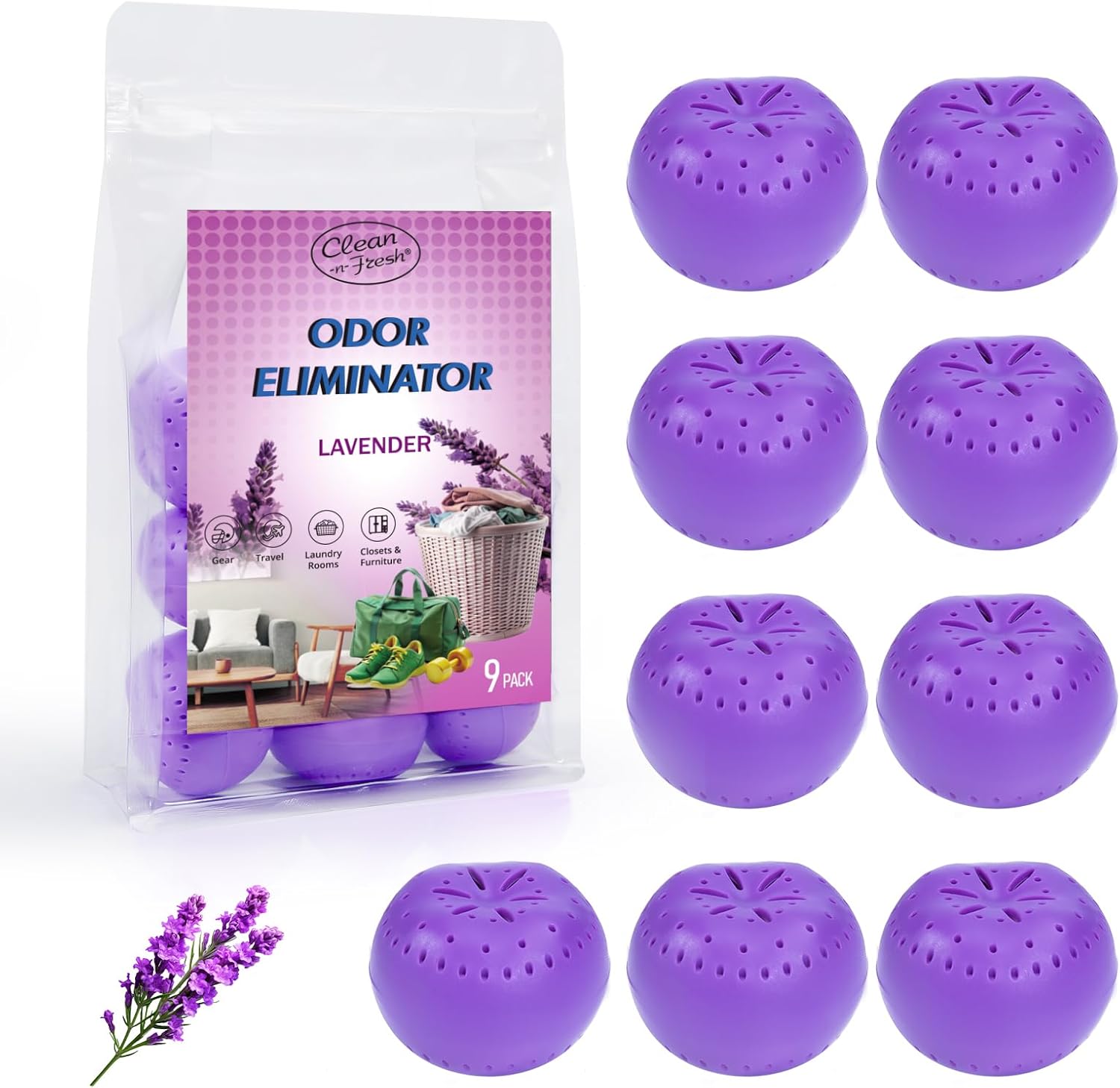 9 Pack Baking Soda Deodorizers, Lavender Scent Shoe Deodorizer Balls, Air Freshener for Home, Odor Eliminator for Closets Bathroom Pets, Up to 80 Days