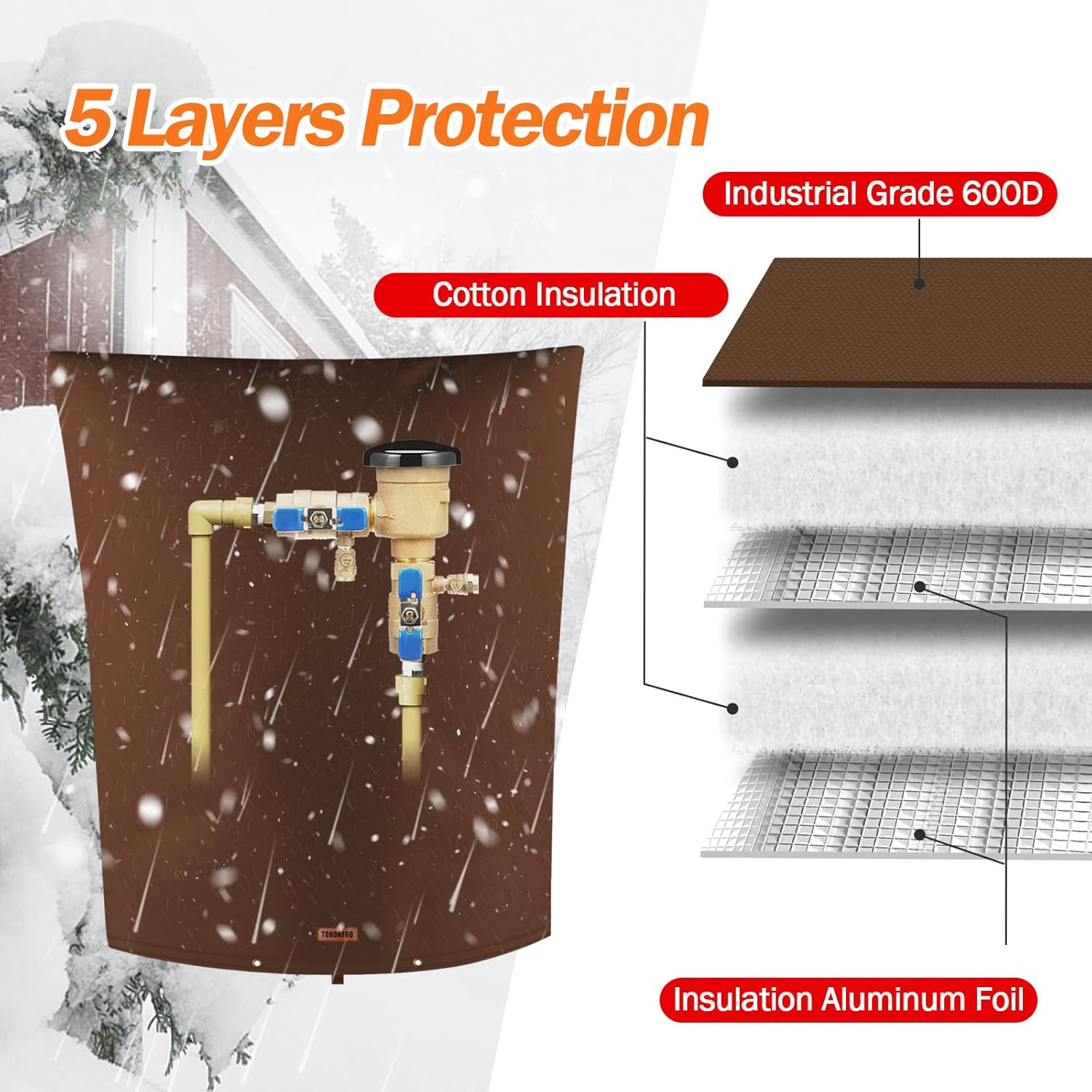 TOHONFOO Backflow Preventer Pipe Insulation Cover (5°F) - Irrigation Sprinkler Valve Insulated Pouch - Water Well Pump Cover - Sturdy 5 Layers for Winter Freeze Protection, 28" W x 36" H, Brown