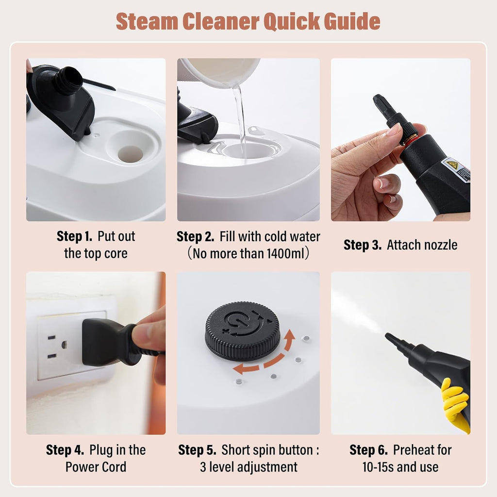Lamberia 2500W Handheld Pressurized Steam Cleaner with 12pcs Accessories, 1400ml 1.5 Quarts Tank, 3-Level Adjustable Portable Steamer, 15s Heat-Up Steam Cleaner for Home, Car, Kitchen(White, US Plug)