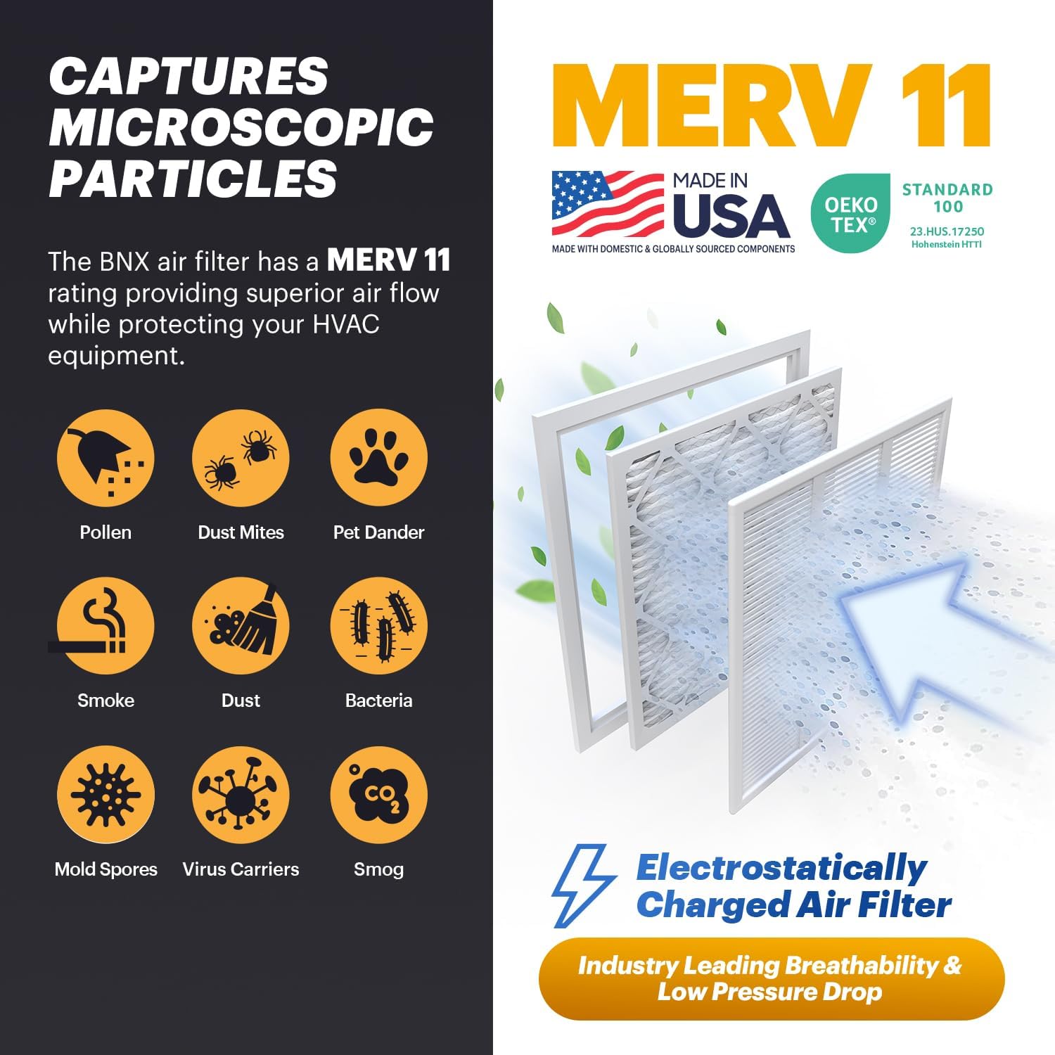 BNX TruFilter 16x16x1 Air Filter MERV 11 (6-Pack) - MADE IN USA - Allergen Defense Electrostatic Pleated Air Conditioner HVAC AC Furnace Filters for Allergies, Dust, Pet, Smoke, Allergy MPR 1200 FPR 7