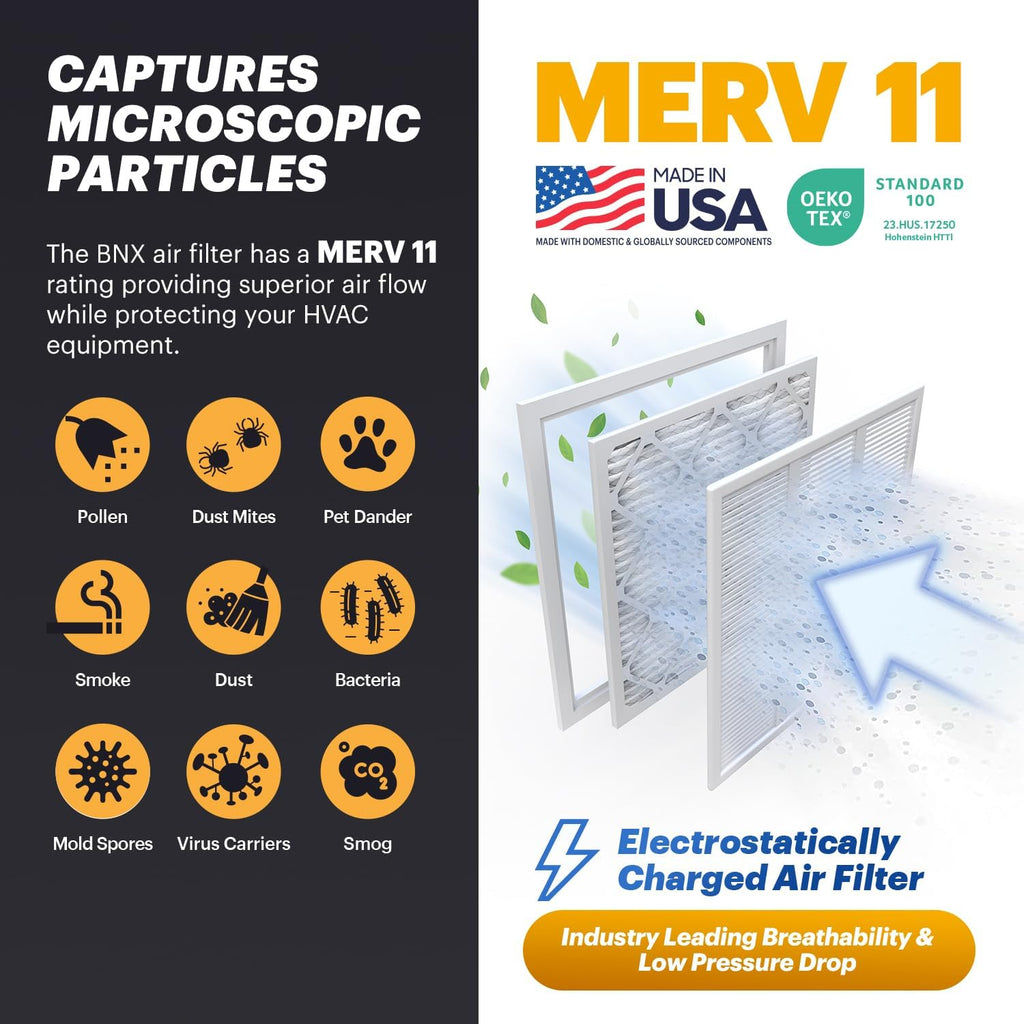 BNX TruFilter 14x20x1 Air Filter MERV 11 (6-Pack) - MADE IN USA - Allergen Defense Electrostatic Pleated Air Conditioner HVAC AC Furnace Filters for Allergies, Dust, Pet, Smoke, Allergy MPR 1200 FPR 7
