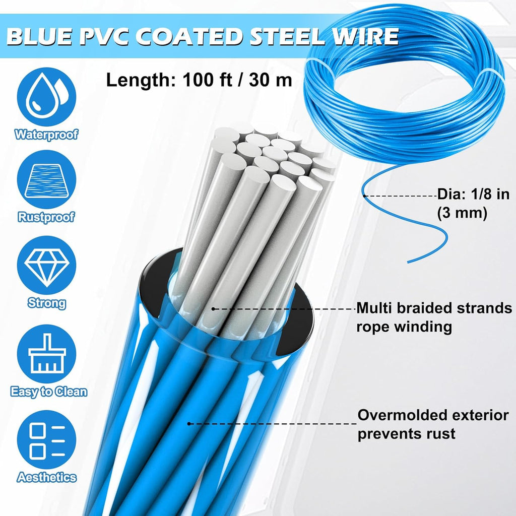 Turnbuckles for Cables Wire, 1/8" X 100Ft Blue PVC Coated Wire Rope Kit, Multi-use Steel Cable for Grape Vines/Clothes Line Outdoors for T Post/String Light Hanging/Garden Wire