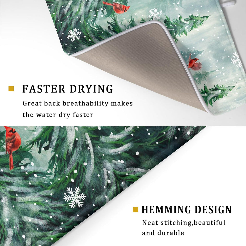 Welcome Winter Pines Tree Dish Drying Mat, Winter Snowflake Dish Drying Mat for Kitchen Counter, Red Birds Absorbent Fast Dry Dish Drainer Mat Protector Xmas Microfiber Dish Drying Pad 16"x18"