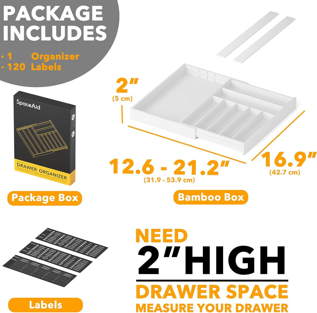 SpaceAid Bamboo Silverware Drawer Organizer with Labels, Kitchen Utensil Expandable Tray Holder Organizer for Flatware, Cutlery, Spoon and Knives Drawer Storage Organization (White, 10 Slots)