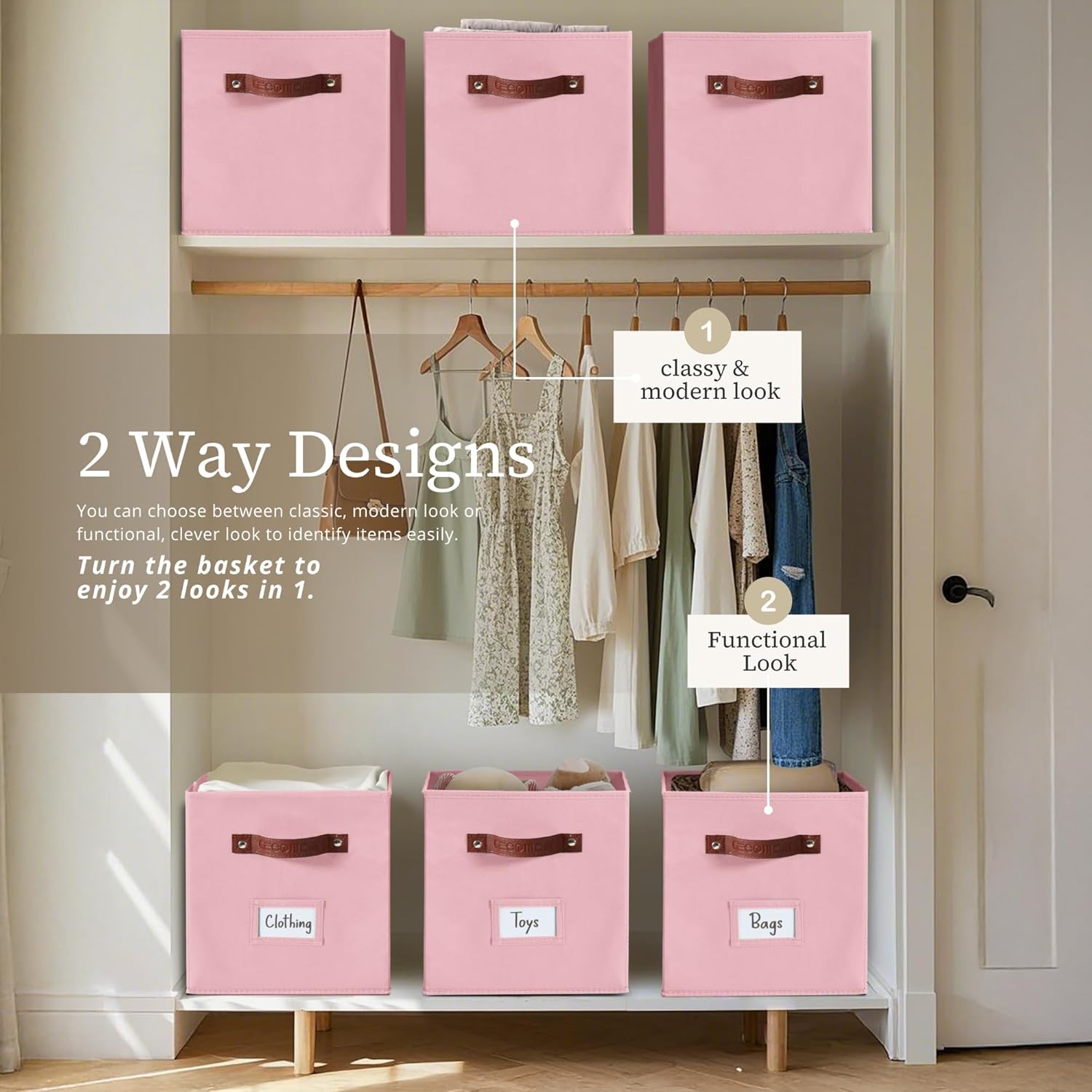 DECOMOMO Storage Bins, Cube Storage Bin with Labels, Fabric Storage Cubes for Shelves (10.5" x 11" / 6pcs, Pink)