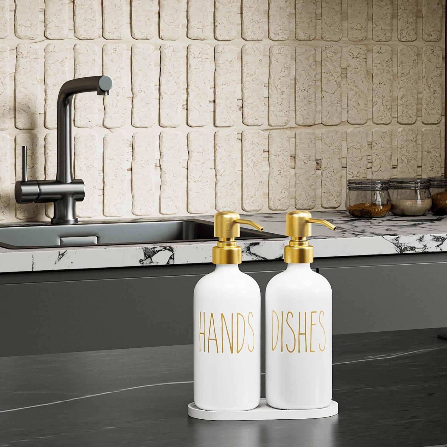 MOMEEMO Kitchen Soap Dispenser Set, Contains Dish and Hand Soap Dispenser, Suitable for Kitchen Counter Decor. (White)