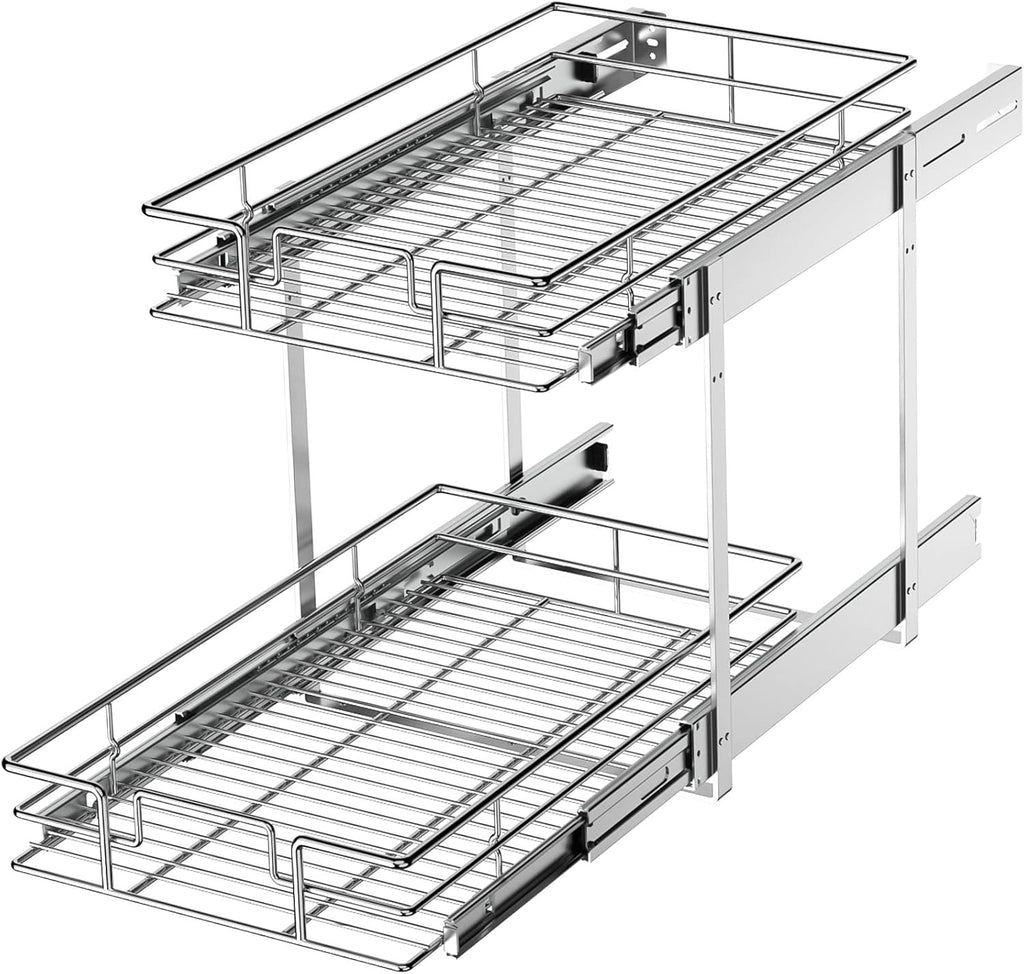 LOVMOR 2 Tier Individual Pull Out Cabinet Organizer 11" W x 18" D, Slide Out Kitchen Cabinet Storage Sliding Shelves