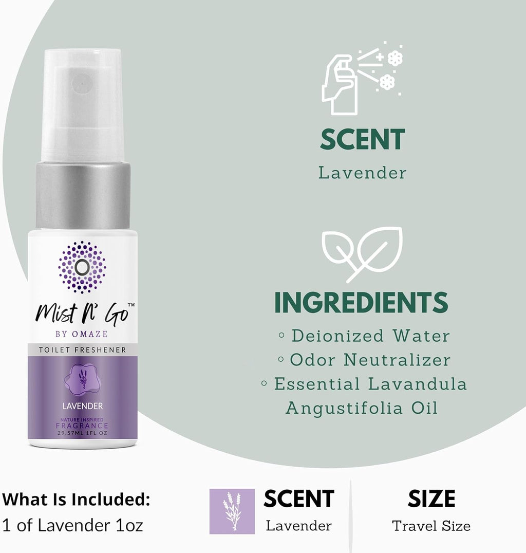 Mist N’ Go by Omaze Travel Bathroom Spray for Toilet Spray Odor Eliminator - Travel Toilet Spray for Bathroom Air Freshener Spray for Bathroom Deodorizer - Lavender Travel Size (1oz x1)
