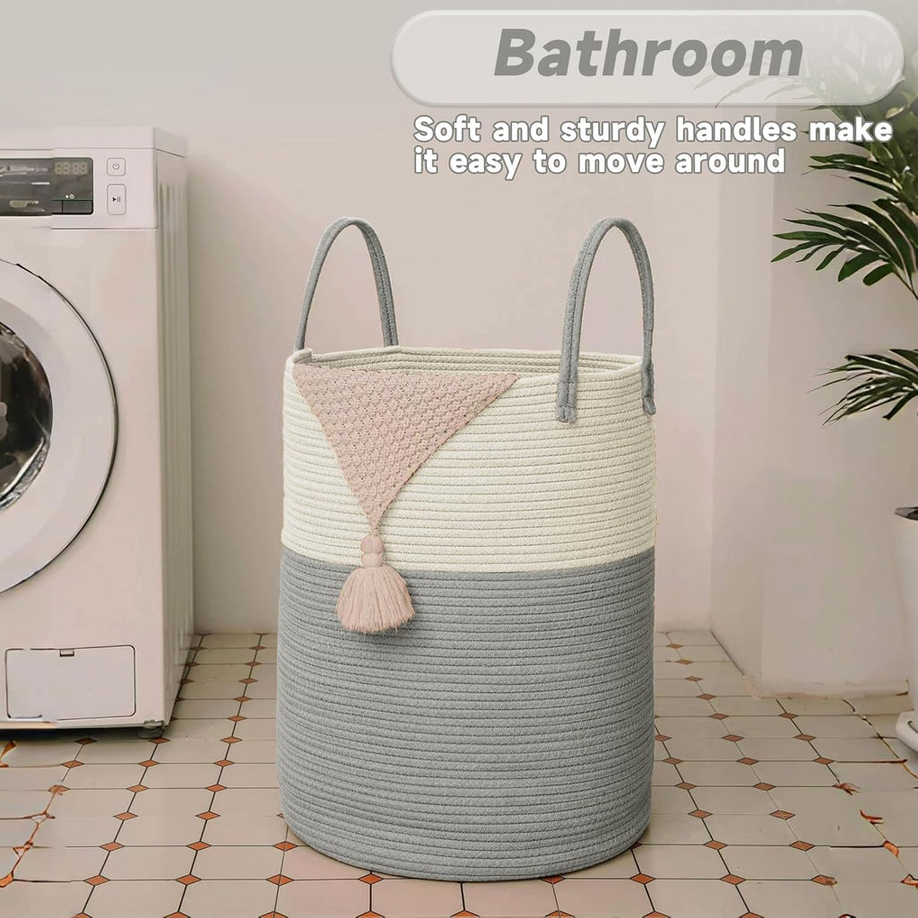 Large Woven Laundry Basket Hamper,60L Cotton Rope Storage Bin for Blankets,Toys and Clothes,Decorative Tall Nursery Hamper for Living Room,Baby Nursery,Bathroom and Bedroom,White and Grey