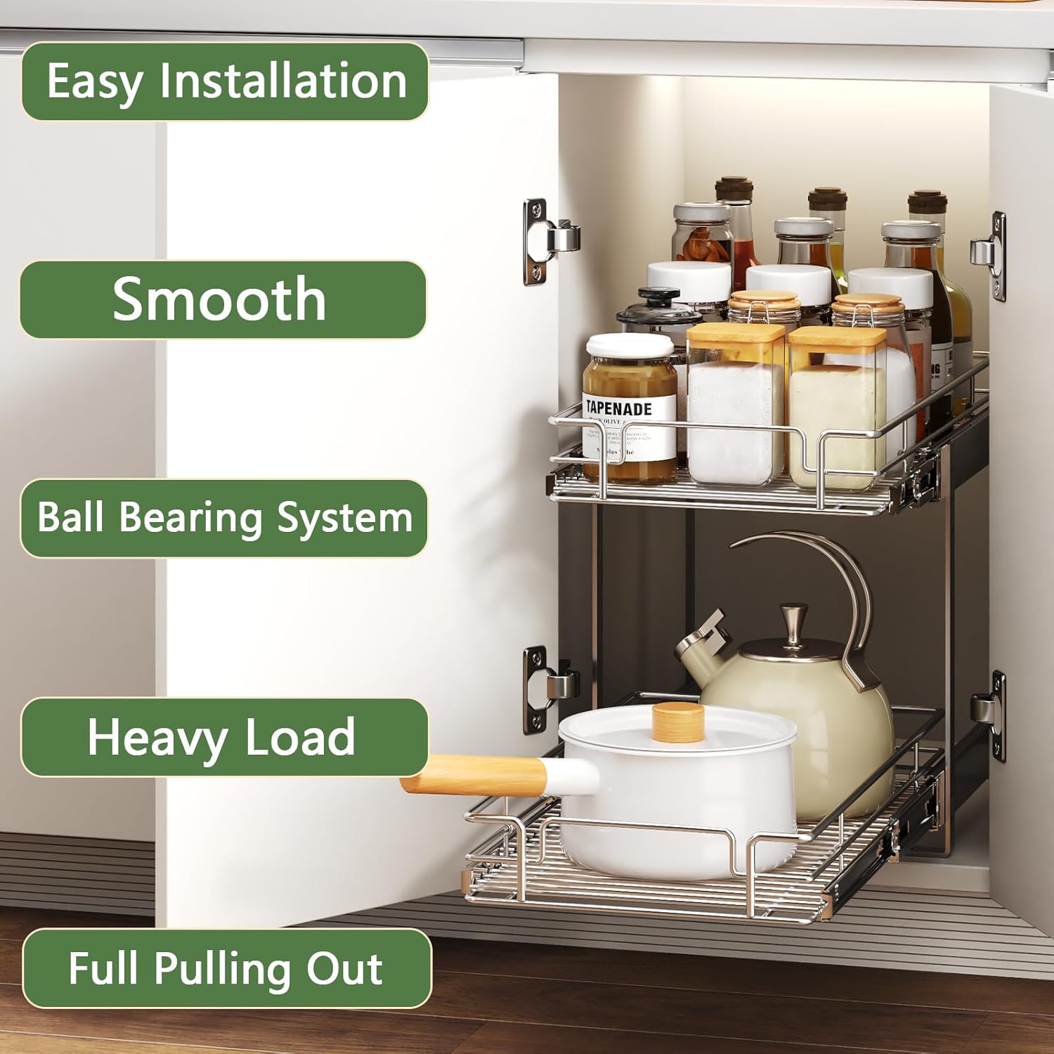 2 Tier Individual Pull Out Cabinet Organizer 11½" W x 21½" D, Heavy Duty Cabinet Pull Out Shelves, Slide Out Drawers Organization for Kitchen Cabinets Bathroom