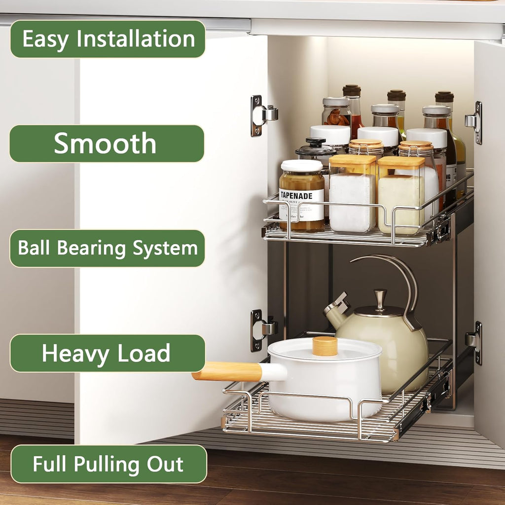 2 Tier Individual Pull Out Cabinet Organizer 13½" W x 21½" D, Heavy Duty Cabinet Pull Out Shelves, Slide Out Drawers Organization for Kitchen Cabinets Bathroom