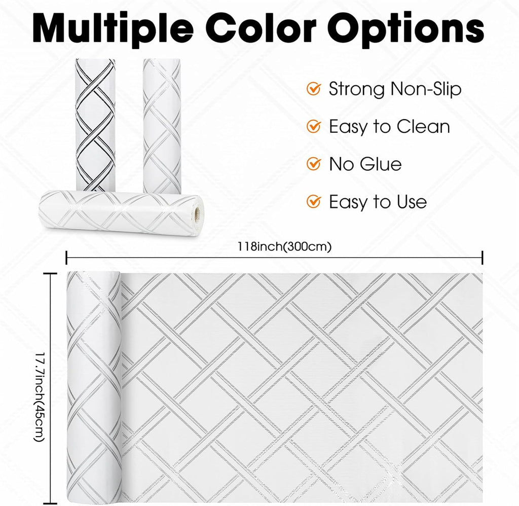 Drawer and Shelf Liner for Kitchen Cabinets Non-Adhesive Cabinet Liners for Shelves Strong Grip Non Slip Waterproof Cupboard Liner for Dresser Refrigerator, Bathroom,Silver Geometric,17.5IN X 10FT