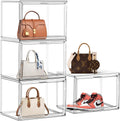 4Pack Clear Shoe Box Organizer, Acrylic Display Cases for Book Cosmetic Figures Collectibles Showcase, X-Large Bag Stackable Plastic Storage Bins with Magnetic Lid
