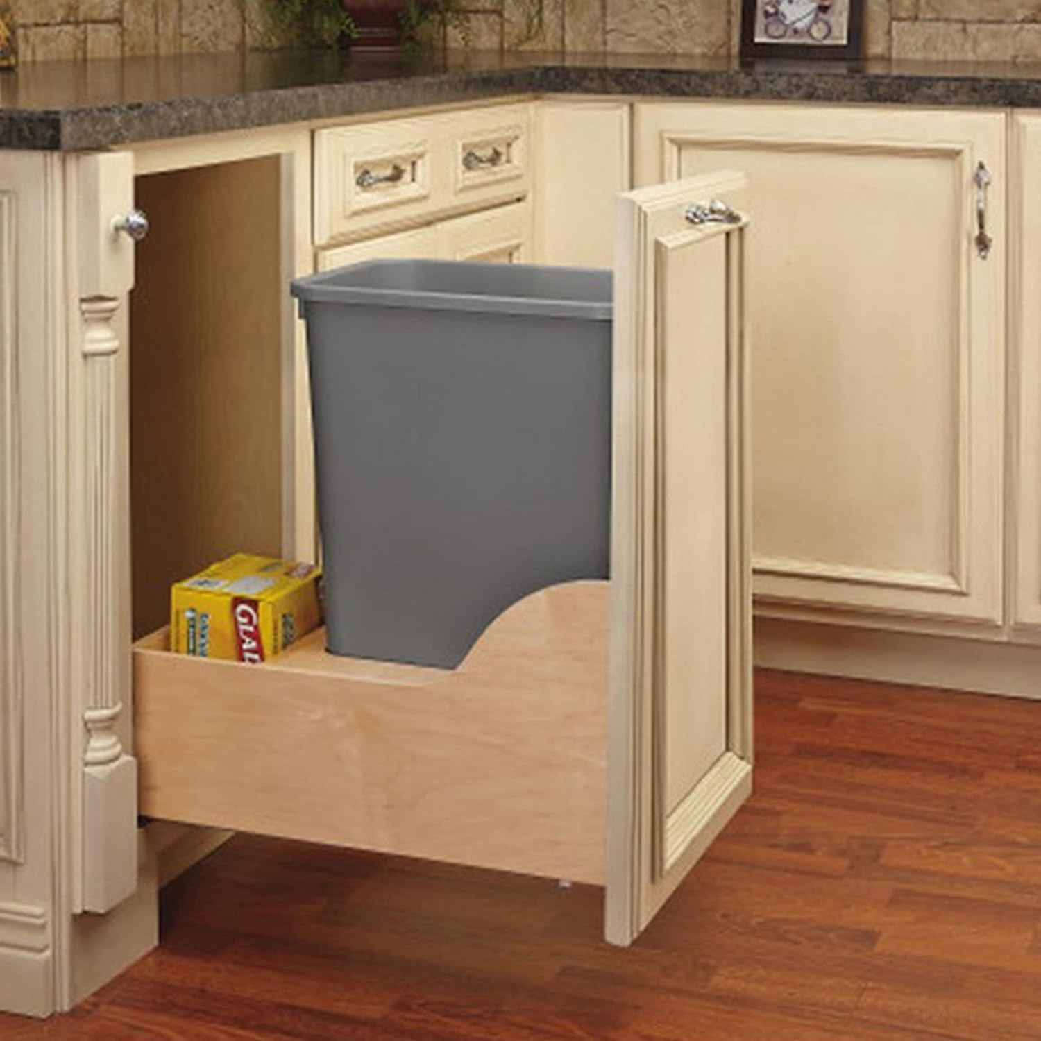 Rev-A-Shelf Pullout Trash Can for Kitchen Cabinet, Single 50 Qt Bin with 12" Wood Frame - Large Garbage Bin Container for Home Waste Storage and Recycling