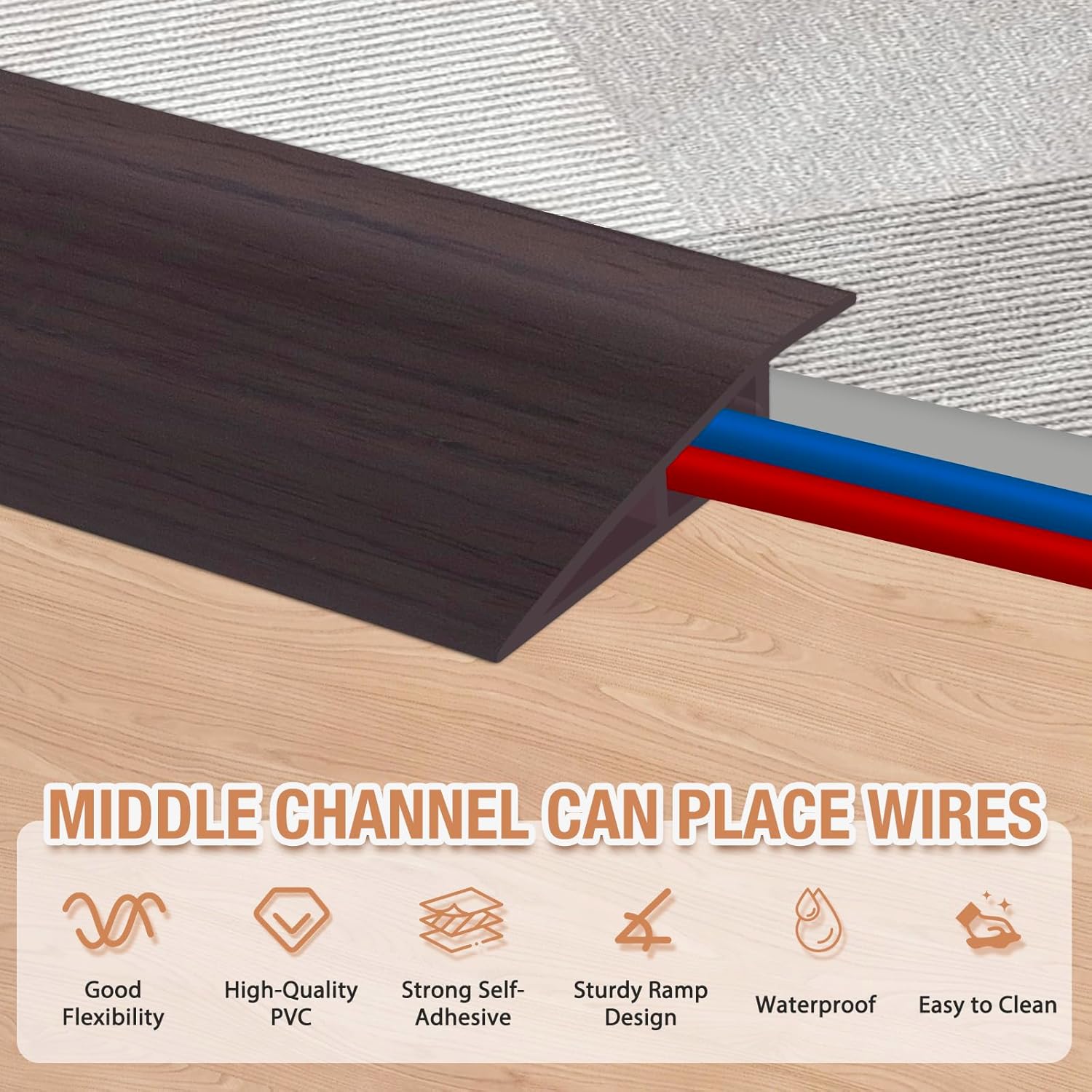 Floor Transition Strip Self Adhesive Vinyl Door Threshold for Doorways Carpet Edging Trim Overlap Edge Reducer for Laminate Floor, Carpet, Tile (Dark Walnut Grain, 3/5" to 4/5", 6.6Ft)