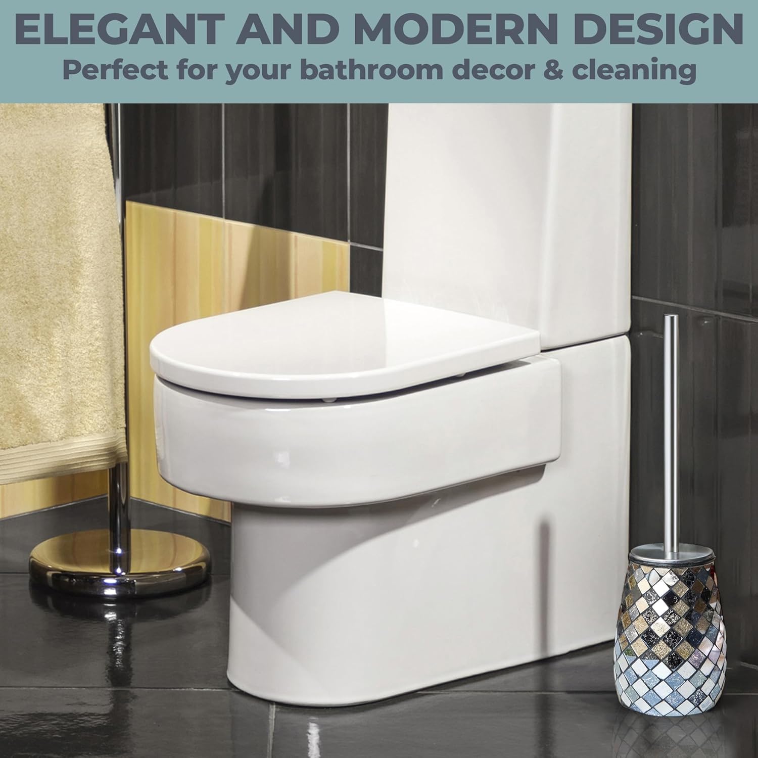 Escenzy Modern Toilet Brush and Holder Set Mosaic Glass | Non-Rustic Stainless Steel | Practical & Decorative Toilet Bowl Brush and Holder | Luxury Black and Gold Bathroom Accessories