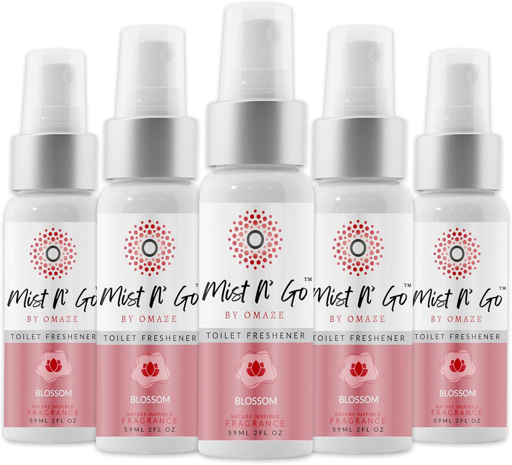 Mist N’ Go by Omaze Travel Bathroom Spray for Toilet Spray Odor Eliminator - Travel Toilet Spray for Bathroom Air Freshener Spray for Bathroom Deodorizer - Blossom Regular Size (2oz x5)