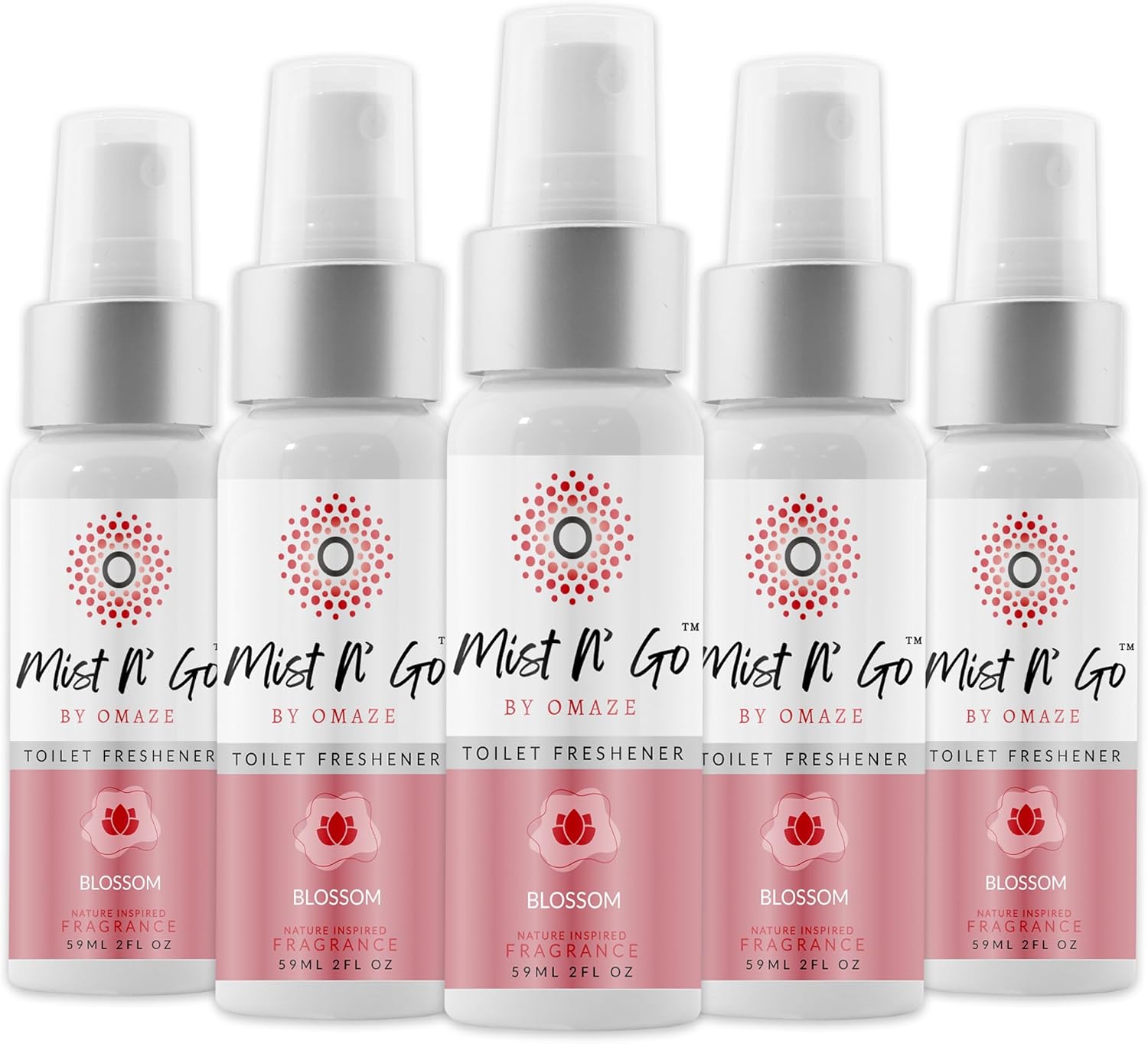 Mist N’ Go by Omaze Travel Bathroom Spray for Toilet Spray Odor Eliminator - Travel Toilet Spray for Bathroom Air Freshener Spray for Bathroom Deodorizer - Blossom Regular Size (2oz x5)