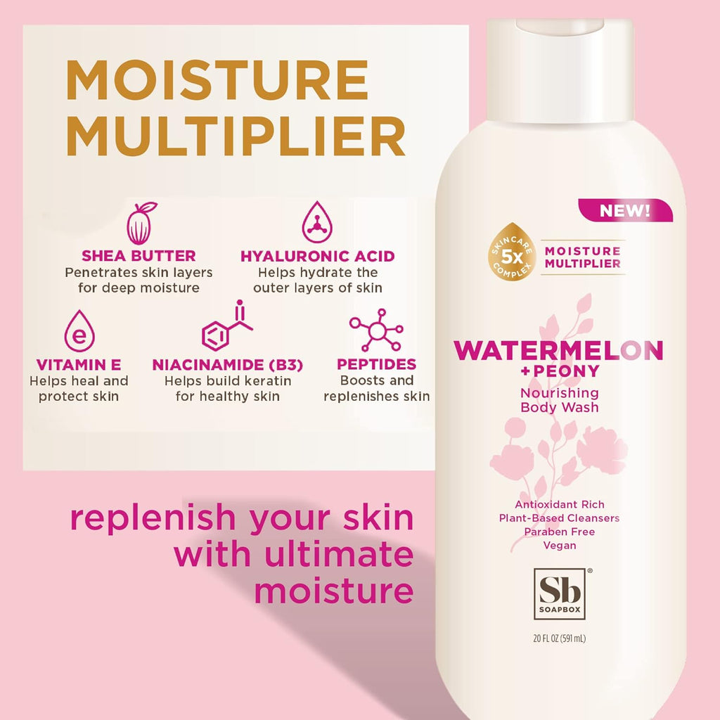 Soapbox Body Wash, Watermelon + Peony Body Wash for Women, Men, Vegan & Antioxidant Rich, Exfoliating, Moisturizing Soap with Shea Butter, Peptides & Keratin Promoting B3, 3 Pack, 20oz Each