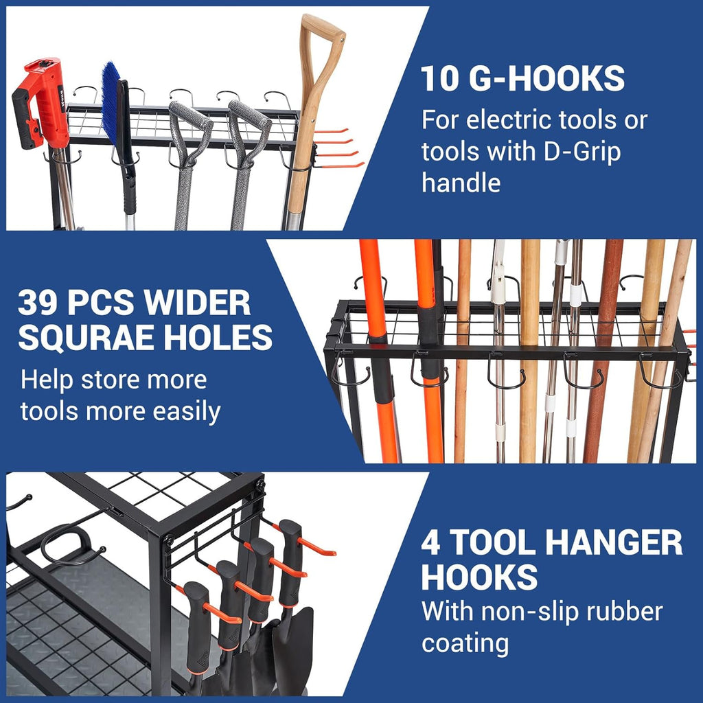 Garden Tool Organizer, Yard Tools Rack Holds 55 Long-Handled Tools/Rakes/Brooms for Garage Organization and Storage, Shed, Outdoor, Lawn, Heavy-Duty Steel, Black, Easy Assembly