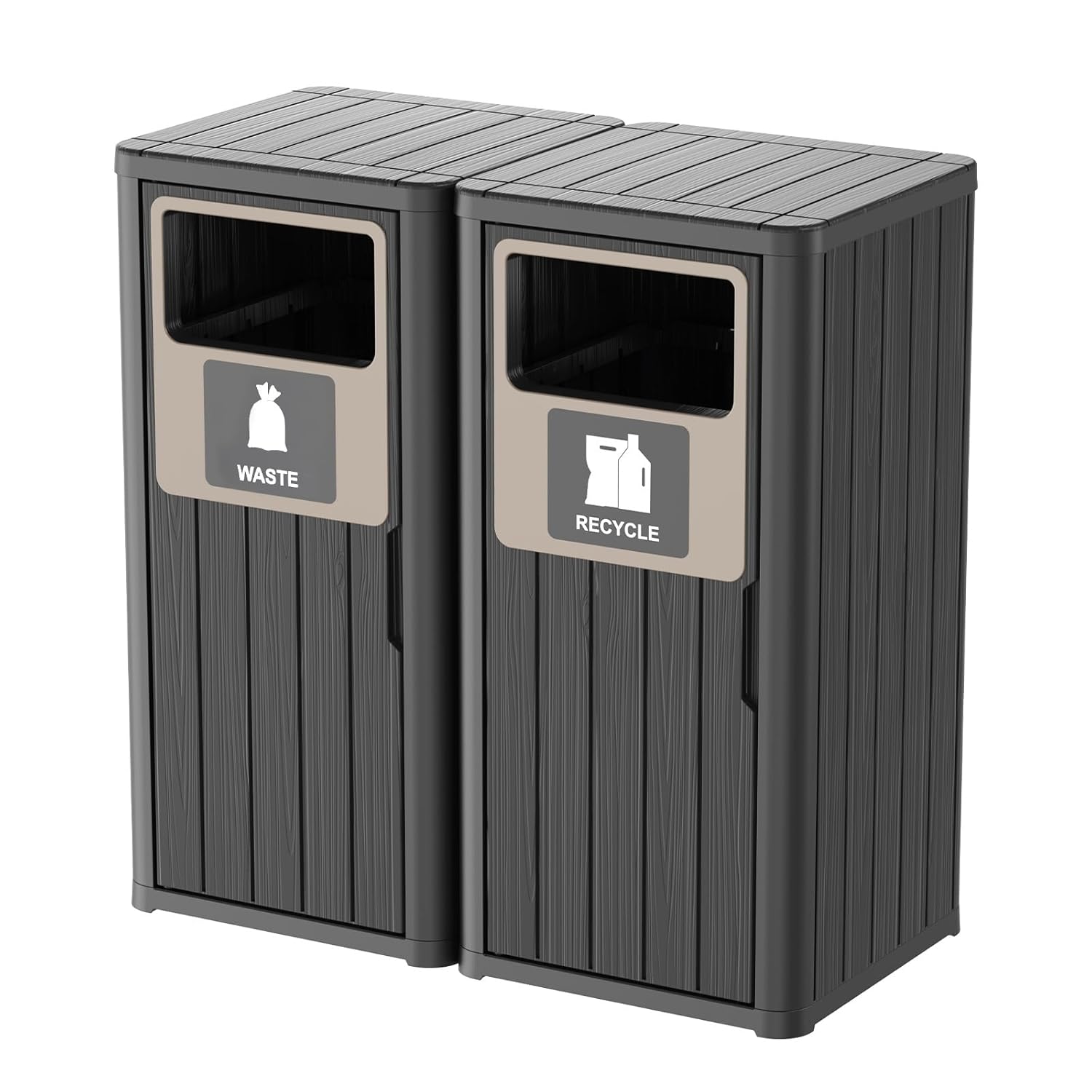 Outdoor Double Barrel Trash Can,Waterproof Resin Garbage Can with Garbage Labels,Durable Waste Bin for Porch, Backyard,Kitchen,for 30 to 39 Gallon Trash Bags