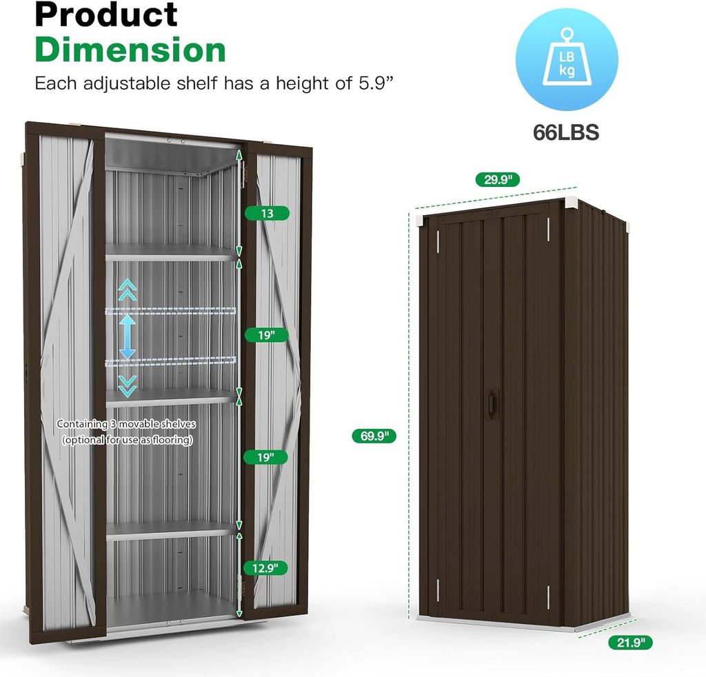 AECOJOY Outdoor Storage Cabinet Waterproof with Shelves, Vertical Tall Garden Outdoor Cabinet, Sheds & Outdoor Storage Clearance Cabinet Weatherproof for Outside in Brown