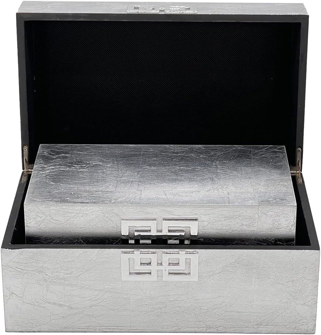 Galt International Storage Box Set Decorative Storage Box w/Hinged Lid Classic Design Wood Decor Boxes with Geometric Clasp Storage for Bedroom & Home - Set of 2 (Silver)