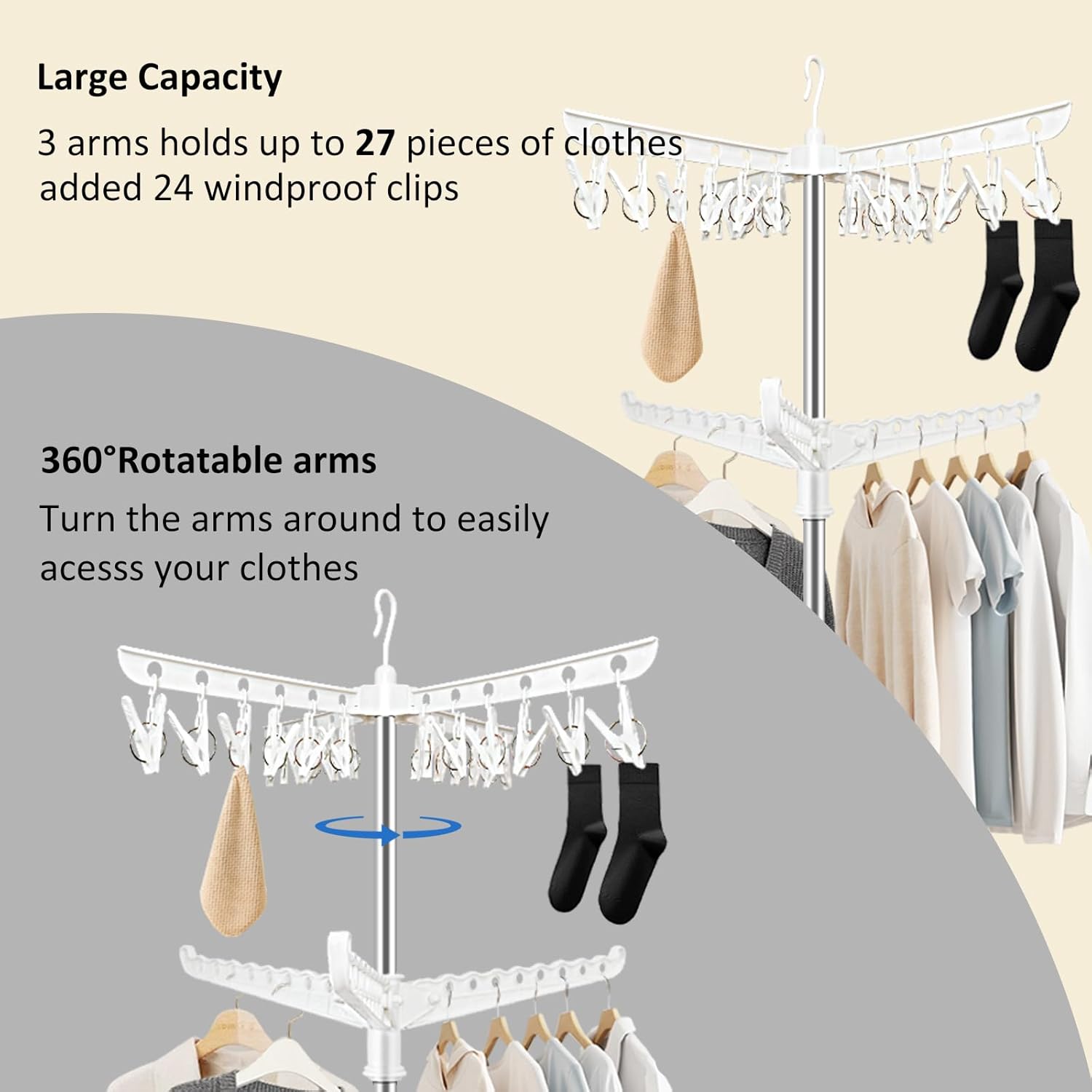 SUYU Clothes Drying Rack,Folding Clothes Drying Tree, 2 Layer with 24 Clips and 3 Rotatable Arms,66.9-Inch Indoor Clothes Rack,Stainless Steel,4 Legs,White and Silver SNJ102